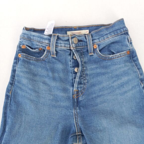 Levi Wedgie Straight Distressed Jeans-Size 25-Button Fly-Medium Wash-Mid Rise - Picture 2 of 11